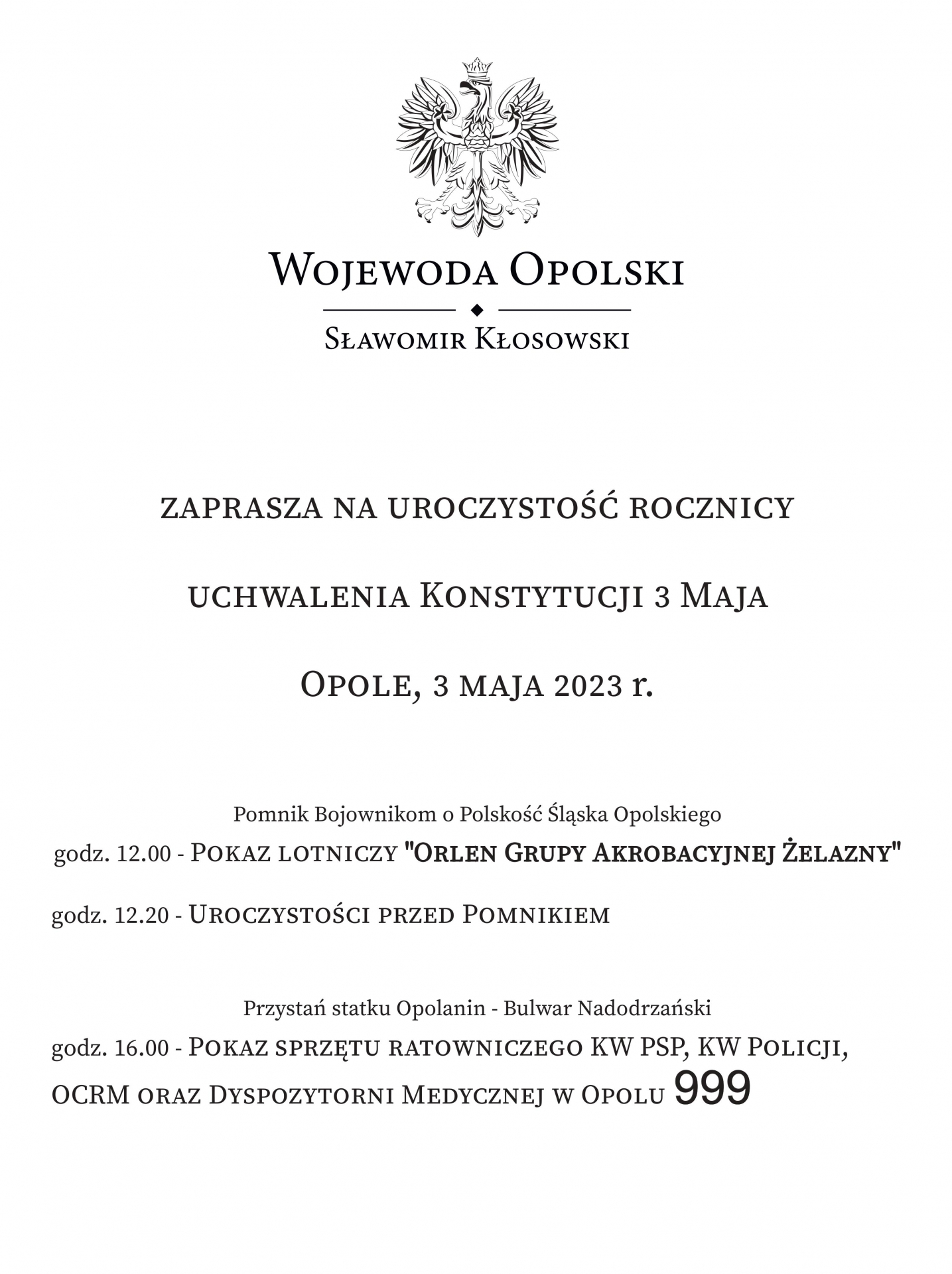 Zdjęcie do artykułu: Zaproszenie Wojewody Opolskiego na uroczystość Rocznicy Uchwalenia Konstytucji 3 Maja. 