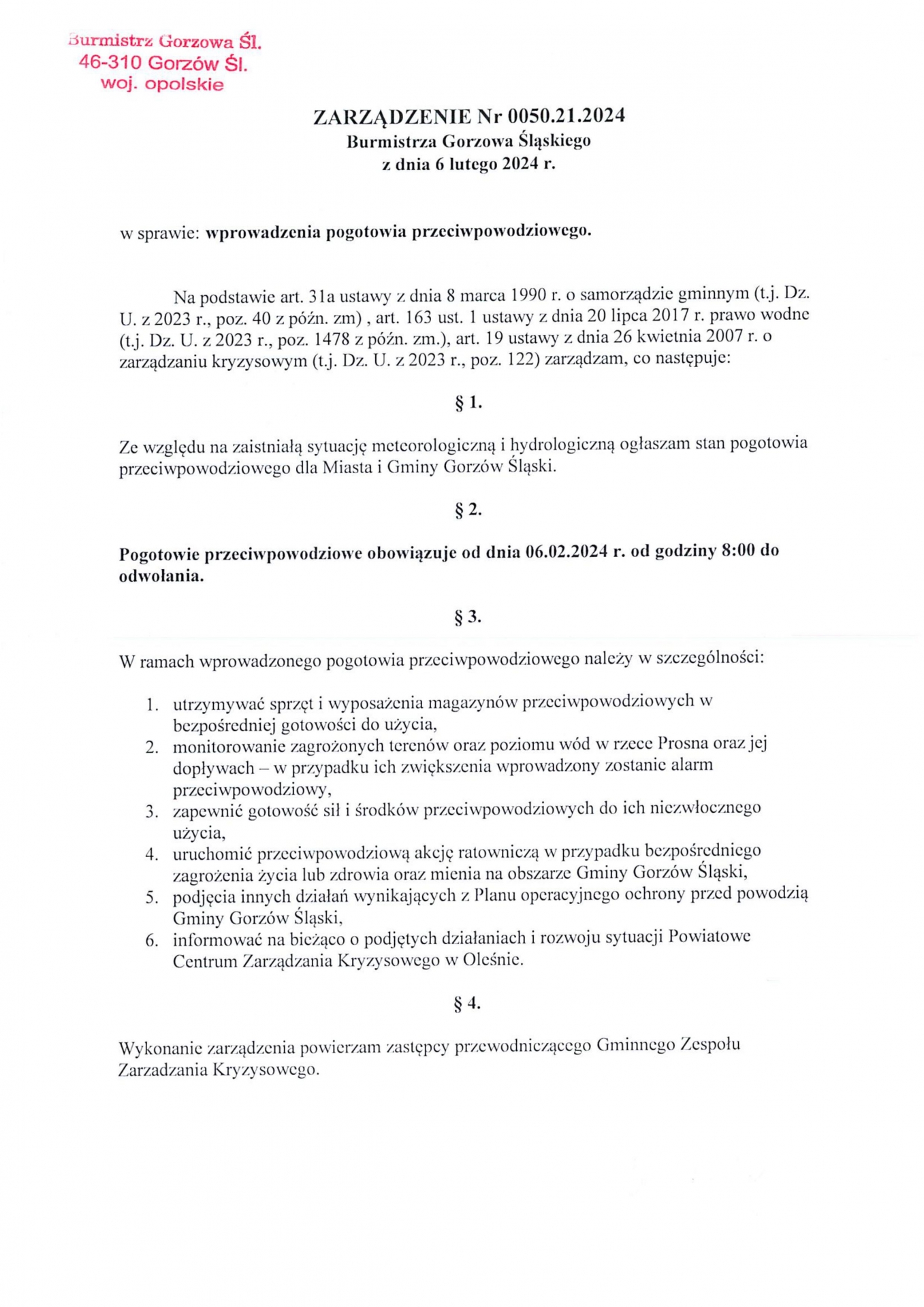 Zdjęcie do artykułu: Zarządzenie Burmistrza Gorzowa Śląskiego w sprawie wprowadzenia pogotowia przeciwpowodziowego. 