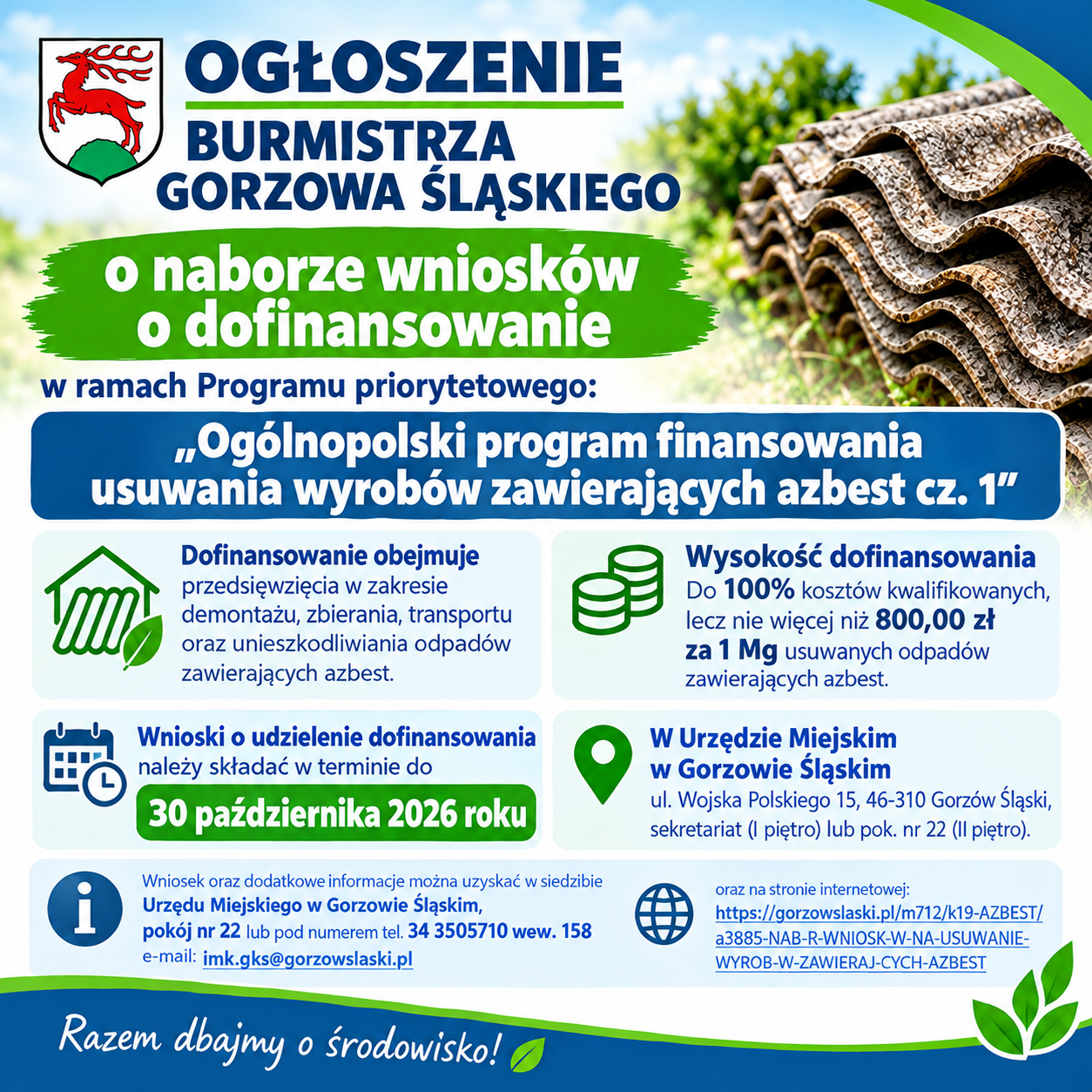 Zdjęcie do artykułu: NABÓR WNIOSKÓW NA USUWANIE WYROBÓW ZAWIERAJĄCYCH AZBEST
